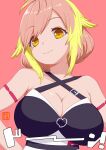  1girl blonde_hair blush breasts cleavage closed_mouth commentary_request criss-cross_halter halterneck highres hira_hikari kokoro_sorueki large_breasts looking_at_viewer medium_bangs nanashi_inc. pink_background pink_hair seal_impression short_hair sidelocks simple_background smile solo swept_bangs upper_body virtual_youtuber yellow_eyes 