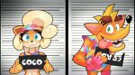  2023 5_fingers activision anthro armband artist_name bandicoot barbie_and_ken_mugshot_meme black_nose blonde_hair blue_eyes brother_(lore) clothing coco_bandicoot crash_bandicoot crash_bandicoot_(series) don_ko duo eyebrows eyelashes female fingers frown green_eyes hair hat headgear headwear hi_res holding_object jail_placard long_hair looking_at_viewer male mammal marsupial mugshot navel open_mouth open_smile shirt sibling_(lore) sister_(lore) smile tank_top teeth tongue tongue_out topwear visor_cap 