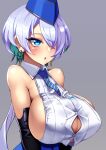  1girl backless_shirt bare_shoulders blue_eyes blue_headwear blue_necktie blue_skirt breasts brid_(nikke) collared_shirt colored_inner_hair commentary_request garrison_cap goddess_of_victory:_nikke green_hair grey_hair hair_over_one_eye hat huge_breasts multicolored_hair necktie ninopal partial_commentary shirt short_hair sideboob skirt sleeveless solo two-tone_hair 