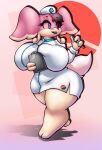  anthro audino big_breasts black_hair black_lips black_lipstick blue_eyes breast_squish breasts clipboard clothing eyelashes female fluffy fluffy_tail generation_5_pokemon hair hair_over_eye hi_res huge_breasts lips lipstick makeup multicolored_body nintendo nurse nurse_clothing one_eye_obstructed pen pink_body pokeball pokemon pokemon_(species) simple_background smile solo squish tail thick_thighs two_tone_body white_clothing z_dragon 
