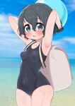  1girl armpits black_hair black_one-piece_swimsuit blue_eyes blush breasts cameltoe collarbone covered_navel highres kaban_(kemono_friends) kemono_friends looking_at_viewer ocean one-piece_swimsuit open_mouth outdoors ransusan short_hair small_breasts smile solo swimsuit 