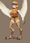  1girl absurdres animal_hands bird_legs blonde_hair blue_eyes brown_background claws commentary_request covered_navel cropped_vest feathers hand_on_own_hip harpy highres letter_print medium_hair midriff monster_girl open_mouth orange_headwear orange_shorts orange_vest original shorts solo supernuddles talons teeth upper_teeth_only vest white_feathers white_wings winged_arms wings 