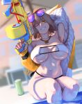  1girl ;d absurdres anis_(nikke) anis_(sparkling_summer)_(nikke) arm_behind_head aviator_sunglasses backlighting bikini breasts brown_eyes brown_hair can commentary down_jacket dudeunderscore english_commentary eyepatch_bikini eyewear_on_head finger_on_trigger goddess_of_victory:_nikke grin gun highres holding holding_gun holding_weapon huge_breasts jacket jewelry legs_together navel necklace one_eye_closed poolside purple-tinted_eyewear short_hair sitting smile soaking_feet soda_can solo star_(symbol) star_necklace sunglasses swimsuit thick_thighs thighs tinted_eyewear underboob water_gun weapon white_bikini yellow_jacket 