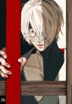  1boy closed_mouth collarbone constricted_pupils fingernails gegege_no_kitarou gegerou grey_kimono hair_over_one_eye hand_up highres holding japanese_clothes kagoya1219 kimono looking_at_viewer male_focus one_eye_covered red_eyes short_hair signature solo upper_body white_hair wood 