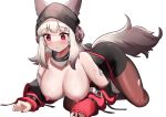  1girl absurdres all_fours animal_ears arknights ass bare_shoulders black_headwear black_skirt blush breasts breasts_out brown_pantyhose closed_mouth colored_tips dishui_tangni embarrassed fox_ears fox_tail frostleaf_(arknights) grey_hair highres jacket large_breasts long_hair looking_at_breasts multicolored_hair nipples off_shoulder pantyhose pencil_skirt red_eyes skirt solo sweat tail thighs torn_clothes torn_pantyhose transparent_background 