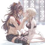  2girls applying_makeup black_bra black_footwear blonde_hair blue_eyes blush boots bra brown_hair commentary_request criss-cross_halter crossed_bangs dark-skinned_female dark_skin dehya_(genshin_impact) genshin_impact hair_between_eyes hair_ears hair_intakes halterneck high_heel_boots high_heels highres kabeutiroot long_hair lumine_(genshin_impact) multicolored_hair multiple_girls short_hair_with_long_locks shorts sidelocks sitting streaked_hair two-tone_hair underwear wariza white_shorts yellow_eyes yuri 