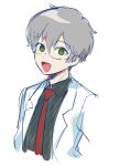  1boy :d benjamin_(project_moon) collared_shirt commentary_request glasses green_eyes grey_hair grey_shirt lab_coat lobotomy_corporation long_sleeves male_focus medu_(rubish) necktie open_mouth project_moon red_necktie shirt short_hair sketch smile solo 