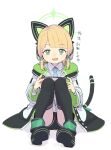  1girl :d animal_ear_headphones animal_ears black_footwear black_thighhighs blonde_hair blue_archive blue_necktie bow cat_ear_headphones cat_tail dress_shirt fake_animal_ears full_body green_bow green_eyes hair_bow halo handheld_game_console headphones holding holding_handheld_game_console jacket knees_to_chest looking_at_viewer midori_(blue_archive) necktie nintendo_switch on_ground playing_games satsuyo shirt simple_background smile solo straight-on tail thighhighs white_background white_jacket wing_collar 
