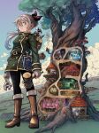  1girl absurdres backpack bag bandaged_hand bandages bathroom bed bow buttons cloud cloudy_sky cover cover_page dragon fantasy full_body green_eyes green_shirt grey_hair hair_bow hammer highres holding holding_hammer holding_wrench house long_hair looking_at_viewer manga_cover map mimic mimic_chest monster mushroom official_art outdoors ponytail red_bow serious shirt sky slime_(creature) smoke soara_to_mamono_no_ie standing toilet tools treasure tree wall_cross-section wrench yamaji_hidenori 