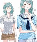  2girls angry aqua_hair bang_dream! blue_neckerchief blue_serafuku blue_shirt blush brown_skirt closed_eyes closed_mouth collared_shirt commentary cowboy_shot dress_shirt ear_blush grabbing_own_arm green_eyes hair_twirling hanasakigawa_school_uniform haneoka_school_uniform highres hikawa_hina hikawa_sayo long_hair looking_at_another medium_hair multiple_girls neckerchief nose_blush plaid plaid_skirt pleated_skirt sailor_collar school_uniform serafuku shirt short_sleeves siblings sidelocks simple_background skirt twins white_background white_sailor_collar white_shirt white_skirt zihacheol 