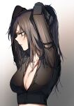  1girl 770538653 absurdres angelia_(girls&#039;_frontline) arms_up black_hair black_shirt breasts brown_eyes cleavage commentary girls&#039;_frontline hands_in_hair highres holding holding_hair long_hair looking_to_the_side mechanical_arms medium_breasts prosthesis prosthetic_arm shirt single_mechanical_arm solo 