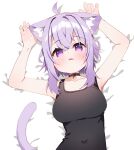  1girl ahoge animal_ear_fluff animal_ears armpits arms_up bare_arms bed_sheet black_collar black_one-piece_swimsuit blush breasts cat_ears cat_girl cat_tail collar collarbone covered_navel fang fang_out hair_between_eyes highres hololive looking_at_viewer lying medium_breasts meito_(maze) nekomata_okayu on_back one-piece_swimsuit parted_lips purple_eyes purple_hair solo swimsuit tail virtual_youtuber 