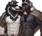  abs anthro arm_around_waist beard bust_portrait candy canid canine canis dessert dog_tags duo facial_hair fangs food fur grey_body grey_fur hi_res hooded_cloak jewelry licking licking_lollipop lollipop looking_at_viewer male male/male mammal mask muscular muscular_anthro muscular_male necklace nipples pecs phinnherz portrait pubes ronin_(innovator_aegis) scar sharp_teeth shirtless standing teeth tongue tongue_out were werecanid werecanine werewolf white_body white_fur wolf 