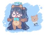  &gt;_&lt; 1boy 1girl :d absurdly_long_hair animal_costume animal_ears aris_(blue_archive) arona&#039;s_sensei_doodle_(blue_archive) bear_costume bear_ears bear_hair_ornament black_hair blue_archive blue_bow blush bow brown_hairband chibi closed_eyes fake_animal_ears flying_sweatdrops hair_between_eyes hair_ornament hairband halo highres kaoling long_hair one_side_up sensei_(blue_archive) smile standing standing_on_one_leg very_long_hair xd 