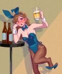  1girl alcohol animal_ears beer beer_mug blue_bow blue_bowtie blue_leotard bottle bow bowtie breasts brown_pantyhose cleavage cup detached_collar drunk feet_out_of_frame fishnet_pantyhose fishnets fukusuke_hachi-gou highres leotard long_hair medium_breasts mug one_eye_closed original pantyhose playboy_bunny purple_eyes rabbit_ears shadow shoe_dangle solo strapless strapless_leotard table wrist_cuffs 