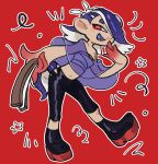  absurdres black_pants blue_hair boots breasts chest_sarashi commentary folding_fan hair_over_one_eye hand_fan highres holding holding_fan midriff navel open_mouth pants pcktknife platform_boots platform_footwear red_background red_eyes sarashi see-through shiver_(splatoon) small_breasts smile splatoon_(series) splatoon_3 star_(symbol) tentacle_hair 