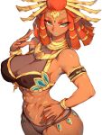  1girl aqua_nails circlet crop_top dark-skinned_female dark_skin fumio_(rsqkr) gerudo green_eyes hair_ornament hand_on_own_hip highres looking_at_viewer medium_hair red_hair riju solo stomach sword the_legend_of_zelda the_legend_of_zelda:_tears_of_the_kingdom thong weapon 