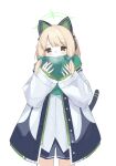  1girl animal_ear_headphones animal_ears blonde_hair blue_archive blue_necktie bow cat_ear_headphones cat_tail collared_shirt commentary cram960 fake_animal_ears green_bow green_eyes hair_bow halo headphones highres hood hooded_jacket jacket midori_(blue_archive) multicolored_clothes multicolored_jacket necktie parted_bangs scarf shirt shorts solo tail thighhighs white_jacket wide_sleeves 