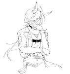  1girl air_shakur_(umamusume) animal_ears belt choker clothing_cutout covering_mouth cropped_legs ear_piercing flat_chest greyscale hand_up horse_ears iner_(shakur_mom) jacket long_hair looking_at_another monochrome open_clothes open_jacket pants piercing shirt short_sleeves solo umamusume v-neck wristband 