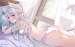  1girl absurdres animal_ear_fluff animal_ears back bra braid cat_ears cat_girl cat_tail crown_braid extra_ears grey_hair hair_between_eyes highres holding holding_pillow hosimiyavia long_hair looking_to_the_side lying on_bed on_stomach open_mouth original panties pillow purple_eyes ribbon sweat tail tail_ornament tail_ribbon underwear window 