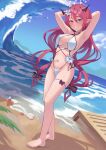  1girl absurdres armpits arms_behind_head barefoot baseball_cap beach blue_eyes blush breasts cleavage double_halo feet guyrys hair_ornament halo hat heterochromia highleg highleg_swimsuit highres hololive hololive_english horns irys_(hololive) large_breasts long_hair looking_at_viewer multicolored_hair multiple_horns navel open_mouth pointy_ears presenting_armpit purple_eyes red_hair shift_(shiftillust) smile solo star_halo streaked_hair swimsuit thigh_strap toes virtual_youtuber 
