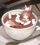  1girl animal animal_ears book brown_dress brown_eyes commentary_request cup dress hair_ribbon heart highres holding holding_animal hot_chocolate long_hair looking_at_animal minigirl original personification plate rabbit rabbit_ears rabbit_girl ribbon sakutake_(ue3sayu) solo spoon teacup very_long_hair 