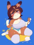  anthro big_breasts blue_eyes blush bodily_fluids breasts brown_hair chibi chromapan cleavage clothed clothing crying dessert female food hair hi_res ice_cream ice_cream_cone lagomorph leporid looking_at_viewer mammal mouth_closed pouting rabbit short_hair sitting solo tears 