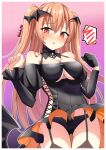  1girl akahi242 black_dress black_gloves blush breasts brown_eyes cleavage cowboy_shot dress garter_straps gloves hair_ornament halloween_costume highres johnston_(kancolle) kantai_collection large_breasts light_brown_hair long_hair looking_at_viewer off_shoulder solo two_side_up 