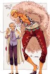  1boy 1girl 4444_(tetsuya) arms_up blonde_hair capri_pants coat coat_on_shoulders den_den_mushi donquixote_doflamingo earrings english_text epaulettes feather_coat hand_in_pocket height_difference jewelry looking_at_another marine_uniform_(one_piece) muscular muscular_male old old_woman one_piece open_clothes pants patterned_clothing pink_coat ponytail purple_shirt shirt short_hair smile speech_bubble sunglasses tsuru_(one_piece) twitter_username white_hair white_shirt 