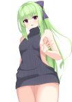  1girl absurdres alternate_costume arm_at_side bare_arms black_sweater blunt_bangs blush bow breasts commentary cowboy_shot curvy eyelashes eyes_visible_through_hair foreshortening furrowed_brow green_hair hair_bow hand_up highres long_hair looking_at_viewer medium_breasts meme_attire murasame_(senren) niki_7801700 no_bra open_hand open_mouth ponytail purple_bow red_eyes ribbed_sweater senren_banka shy sideboob sidelocks simple_background smile solo standing sweater turtleneck very_long_hair virgin_killer_sweater white_background 