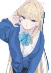 1girl absurdres blonde_hair blue_archive blue_bow blue_bowtie blue_eyes blue_nails blue_sweater blunt_bangs bow bowtie claw_pose fingernails highres long_fingernails looking_at_viewer nail_polish open_mouth sweater tnr_(horiko1525) toki_(blue_archive) 