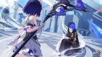  2girls bare_shoulders blue_hair breasts chain chinese_commentary colored_inner_hair day detached_sleeves dress elbow_gloves flower gloves hand_on_own_arm highres holding holding_scythe holding_weapon honkai_(series) honkai_impact_3rd large_breasts logo looking_at_another multicolored_hair multiple_girls official_art official_wallpaper on_floor outdoors purple_eyes sage_of_the_high_tower scythe seele_vollerei seele_vollerei_(stygian_nymph) short_hair spoilers weapon white_dress white_flower white_gloves 