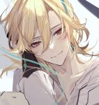  1boy blonde_hair blush closed_mouth collarbone earrings eyelashes genshin_impact gumilkx hair_between_eyes highres jewelry kaveh_(genshin_impact) long_hair looking_at_viewer male_focus portrait red_eyes shirt simple_background sketch solo white_shirt 