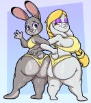  2023 absurd_res anthro ass_to_ass big_breasts big_butt bikini blonde_hair breasts broodal buckteeth butt butt_squish clothing crossover disney duo female gesture hair hariet_(mario) hi_res huge_butt judy_hopps lagomorph leporid long_hair looking_at_viewer looking_back mammal mario_bros nintendo purple_eyes rabbit red_eyes someth1ngoranother squish super_mario_odyssey swimwear teeth thick_thighs waving yellow_bikini yellow_clothing yellow_swimwear zootopia 