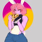  &lt;3 anthro blush bubbly_bubblegum clothed clothing digital_media_(artwork) eating eyes_closed food fully_clothed fur girly hair happy hi_res lagomorph leporid male mammal pink_body pink_fur pink_hair pizza rabbit robby_(@bubbly_bubblegum) short_hair simple_background solo white_body white_fur 