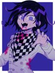  1boy :d a_(poipiku_325815) black_hair bleeding blood blood_from_mouth blood_on_clothes blood_on_face border buttons checkered_clothes checkered_scarf commentary_request danganronpa_(series) danganronpa_v3:_killing_harmony hair_between_eyes hand_up jacket long_sleeves looking_at_viewer male_focus oma_kokichi open_mouth purple_background purple_eyes scarf short_hair smile solo straitjacket sweatdrop upper_body white_border white_jacket 