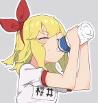  1girl blonde_hair blush bottle closed_eyes commentary_request drinking grey_background gym_uniform hair_ribbon hands_up highres holding holding_bottle idolmaster idolmaster_cinderella_girls idolmaster_cinderella_girls_u149 name_tag red_ribbon ribbon sakurai_momoka shirt short_hair short_sleeves sidelocks solo sweat upper_body v-shaped_eyebrows water_bottle wavy_hair white_shirt yohane6189 