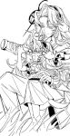  2girls animal_ears arknights cang_canggg dog_ears dog_girl dog_tail dress fang greyscale highres holding kristen_(arknights) long_hair monochrome multiple_girls open_mouth sideways_mouth simple_background skin_fang spyglass tail white_background 