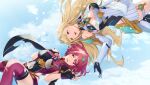  2girls bare_shoulders black_gloves blonde_hair blue_sky brown_eyes cleavage_cutout clothing_cutout dress fingerless_gloves gloves multiple_girls mythra_(xenoblade) pyra_(xenoblade) red_eyes red_hair red_thighhighs sky smile thigh_strap thighhighs tiara wanderstillart white_dress xenoblade_chronicles_(series) xenoblade_chronicles_2 