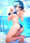  1girl artist_name ass bare_arms bare_shoulders barefoot bikini bishoujo_senshi_sailor_moon blue_bikini blue_eyes blue_hair breasts cleavage commentary_request day full_body hands_up highleg highleg_bikini highres indoors kneeling large_breasts looking_at_viewer looking_back mizuno_ami oyaman pool pool_ladder pulled_by_self short_hair signature simple_background smile solo swimsuit thighs toes twisted_torso water 