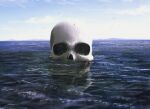  bird cloud cloudy_sky commentary_request floating_skull fracoco highres horizon no_humans ocean original outdoors partially_submerged signature skull sky water 
