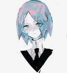  1other absurdres androgynous aqua_eyes aqua_hair black_shirt broken closed_mouth collared_shirt colored_skin crack cracked_skin crystal_hair expressionless gem_uniform_(houseki_no_kuni) high_collar highres houseki_no_kuni necktie other_focus parted_bangs phosphophyllite portrait shirt short_hair simple_background solo usagimarumei white_background white_shirt white_skin wing_collar 