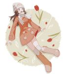  1girl :d beanie black_hair boots coat commentary dawn_(pokemon) eyelashes flower full_body grey_eyes hair_ornament hairclip hat highres long_hair long_sleeves omyo_(myomyomyo22) open_mouth over-kneehighs pokemon pokemon_(game) pokemon_dppt pokemon_platinum red_flower scarf smile solo symbol-only_commentary teeth thighhighs upper_teeth_only white_headwear white_scarf 