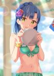  1girl bare_shoulders beach bikini blue_hair blue_sky blurry blurry_background blush braid breasts bush ceiling character_name cleavage cloud day flower front-tie_bikini_top front-tie_top green_bikini hair_flower hair_ornament hands_up highres holding holding_tray horizon idolmaster idolmaster_million_live! idolmaster_million_live!_theater_days kooribata lens_flare light_particles looking_at_viewer name_tag nanao_yuriko navel ocean open_mouth outdoors pillar purple_flower rainbow_gradient red_flower scrunchie short_hair sky small_breasts smile solo sunlight swimsuit tktk135 tray upper_body wrist_scrunchie yellow_eyes yellow_scrunchie 