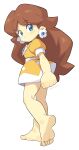  1girl absurdres bare_legs barefoot blue_eyes brown_hair dress earrings feet flower_earrings full_body highres jewelry long_hair oyatsu_(mk2) princess_daisy puffy_short_sleeves puffy_sleeves short_sleeves simple_background smile soles solo toes white_background 