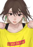  1girl absurdres black_eyes brown_hair collarbone commentary_request earrings highres hirasawa_yui jewelry k-on! necosuna7l realistic revision shirt simple_background solo white_background yellow_shirt 