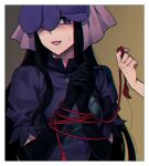  1girl 1other black_gloves black_hair blue_eyes china_dress chinese_clothes dress elbow_gloves flower flower_on_head food_print fruit_print gloves grape_print long_hair open_mouth purple_dress purple_eyes purple_flower re_ghotion restrained short_sleeves solo_focus touhou upper_body vine_print yomotsu_hisami 