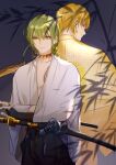  1boy 1other androgynous chain enkidu_(fate) fate/strange_fake fate_(series) gilgamesh_(fate) glowing glowing_clothes glowing_eyes green_hair hair_between_eyes highres long_hair looking_at_viewer male_focus robe rrr_(reason) shirt smile solo upper_body very_long_hair white_robe white_shirt yellow_eyes 