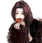  absurdres black_eyes black_shirt brown_coat brown_hair coat commentary danielle_(newjeans) eating food fur_coat highres holding holding_food jiu_hao_taiyang_de_shexian k-pop long_hair looking_to_the_side newjeans pizza pizza_slice portrait real_life realistic shirt simple_background sketch symbol-only_commentary white_background white_nails 