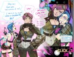  2girls :d arm_tattoo arm_up bandaid bare_shoulders belt blue_hair breasts brown_belt brown_pants cleavage cloud_tattoo collarbone english_text eye_contact gauntlets goggles goggles_on_head grin highres holding holding_phone jinx_(league_of_legends) large_breasts league_of_legends leaning_forward long_hair looking_at_another mag_cora_imparo multiple_girls multiple_views navel pants phone pink_eyes pink_hair pink_shorts selfie short_hair shorts siblings sisters smile speech_bubble stomach striped striped_shorts tattoo teeth twintails vi_(league_of_legends) 